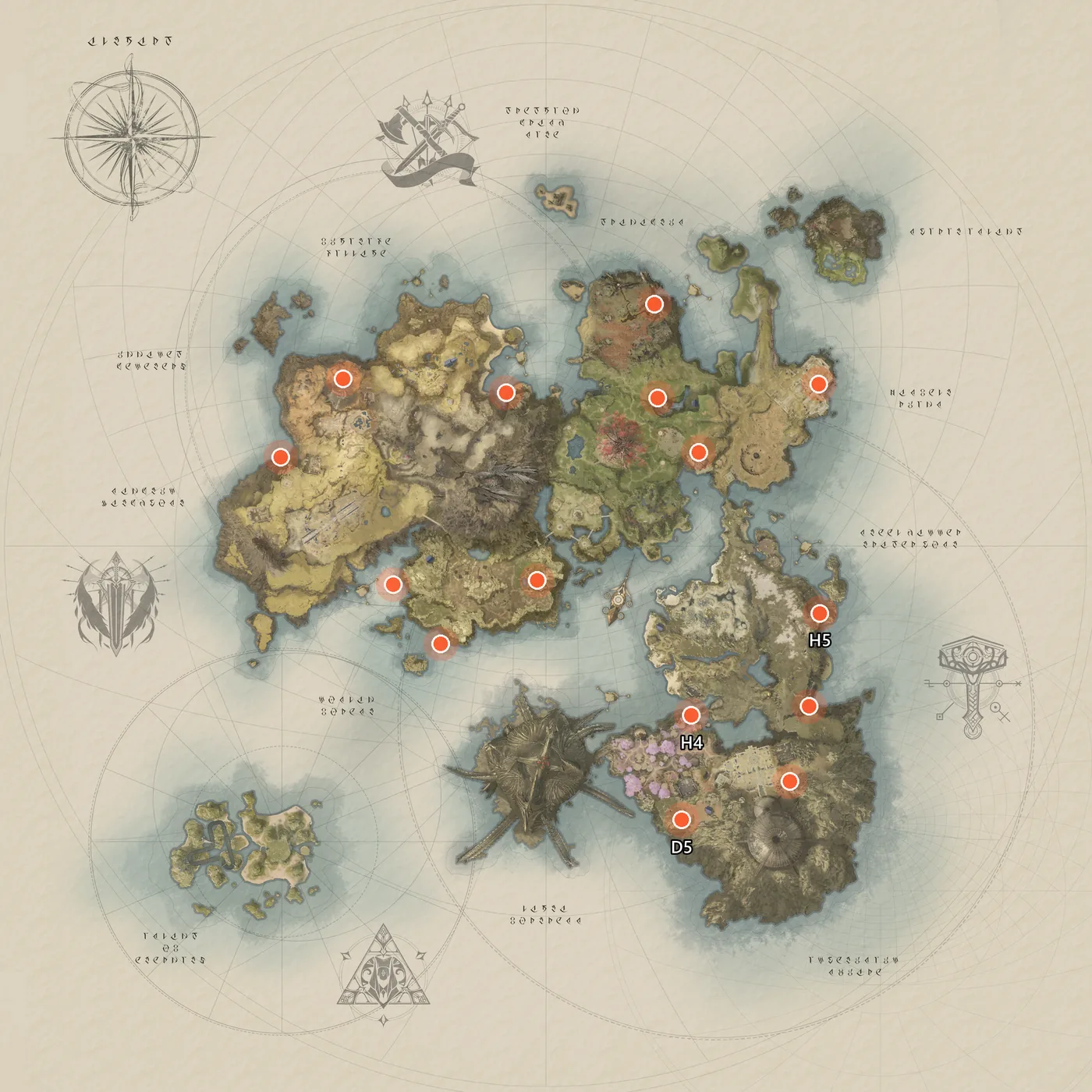 The Altgard world map marked with fifteen capture points